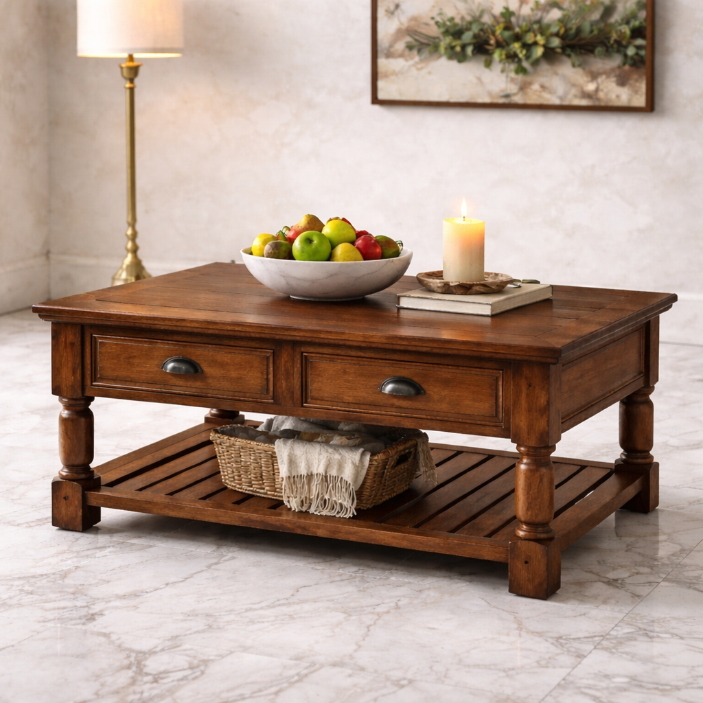 Rustic wooden coffee table with decor