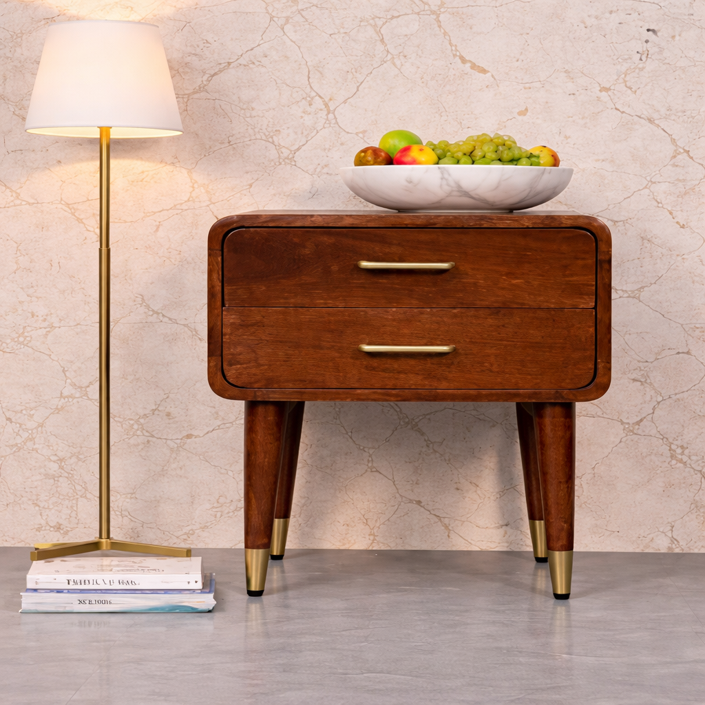 Elegant table with fruit bowl and lamp