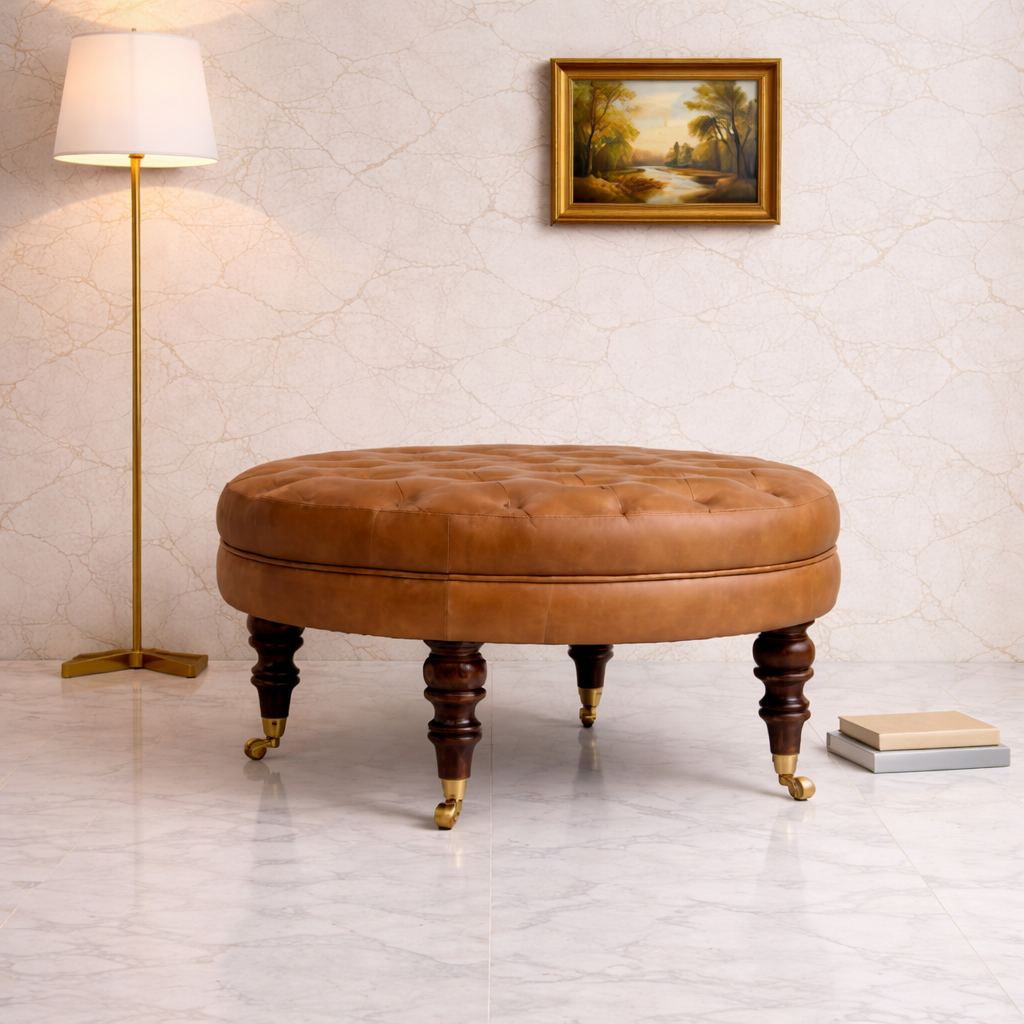 Elegant room with leather ottoman