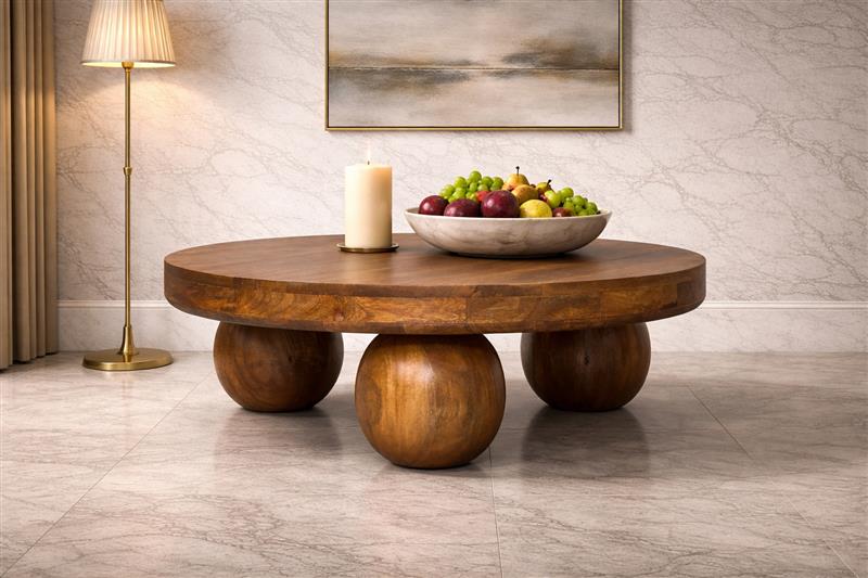 Round wooden coffee table with fruit bowl, candle.
