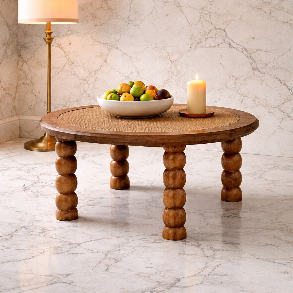 Round wooden table with fruit bowl